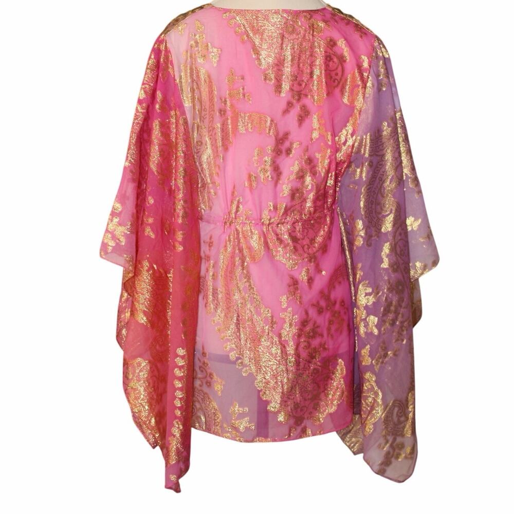 Boston Proper Gold Metallic Brocade Kaftan Cape Top | Jeweled V-Neck | Size M - Picture 2 of 7